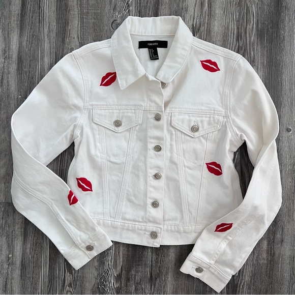 Forever 21 Jackets & Blazers - Forever 21 White Denim Jacket with Red Lips Embroidered